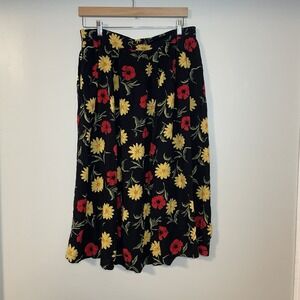 Sag Harbor Women Size L Black Red‎ Yellow Floral Skirt Elastic Waist Fall EUC